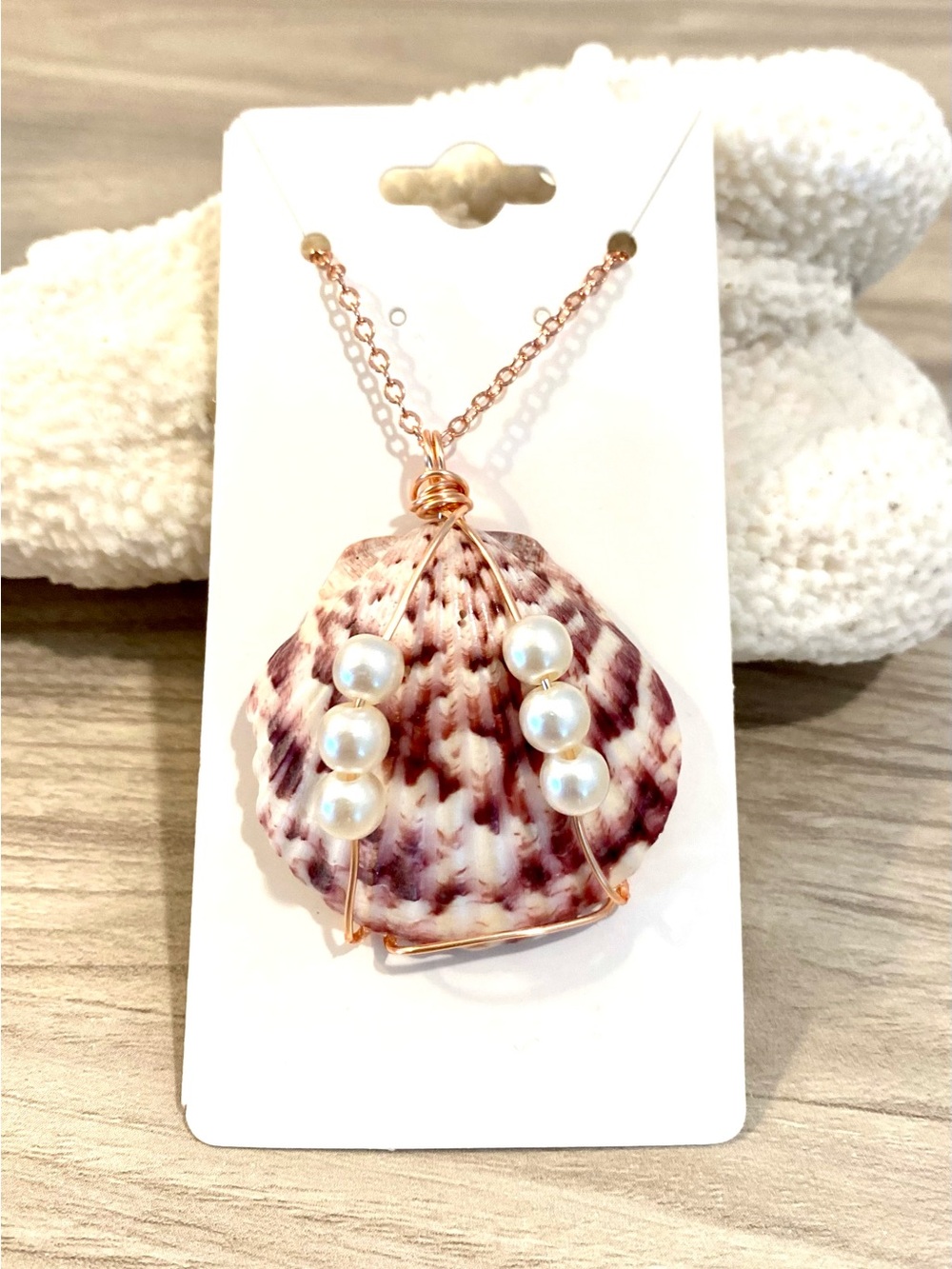 22. Sanibel Calico scallop and Pearl Pendant Necklace - Rose Gold Chain